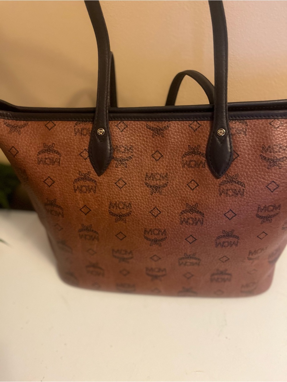 MCM Cognac Visetos Tote with Blue and Orange Stripe - Picture 2 of 12